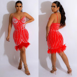 Women's Fashionable Sleeveless Beaded Feather Strap Club Dress