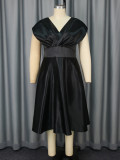 Plus Size Black Satin Non-Stretch A-Line Sleeveless V-Neck Elegant Career Party Dress