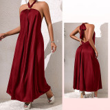 Women French strapless Halter Neck summer solid dress