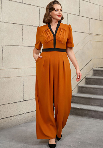 Plus Size V-Neck Pleated Color-Matching Slim Waist Elegant Wide-Leg Jumpsuit