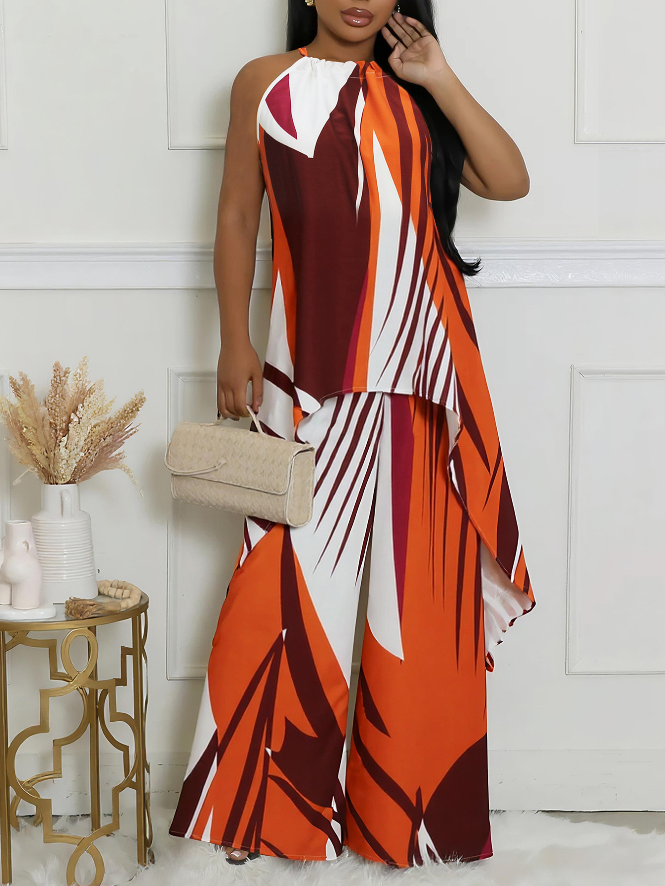 Women's Elegant Halter-Neck Sleeveless Irregular Top with Loose Trousers Two Piece Set