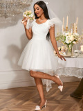 Wedding V-Neck Flying Sleeve Elegant Puffy Mesh Evening Bridesmaid Dress