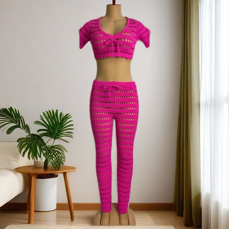 Women summer round neck casual sleeveless knitting top and pant two-piece set