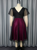 Plus Size Mesh Patchwork V-Neck A-Line Party Dress