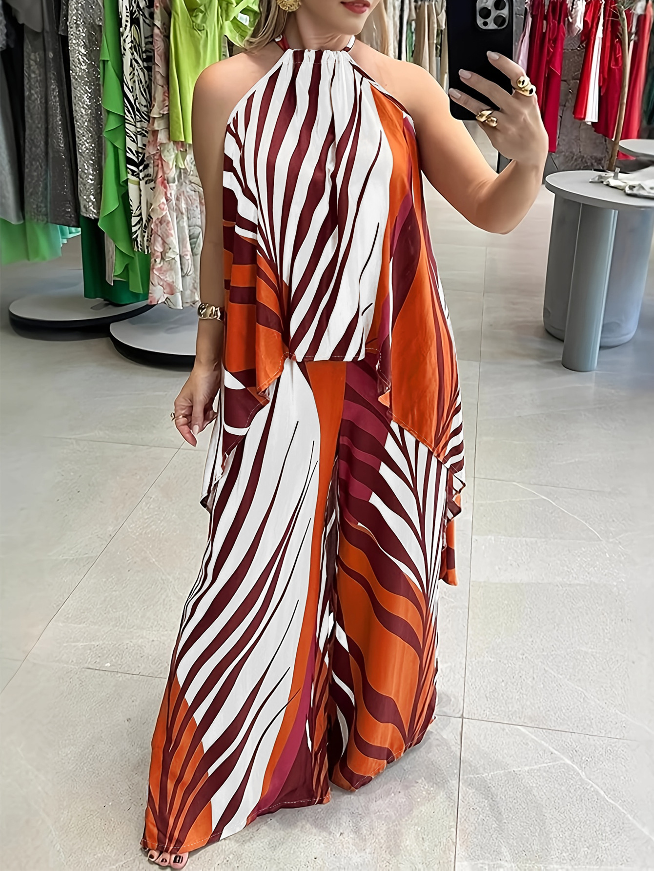 Women's Elegant Halter-Neck Sleeveless Irregular Top with Loose Trousers Two Piece Set