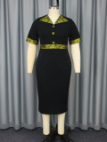 Plus Size Contrast Color Turndown Collar Slim Waist Fashion Elegant Slit Bodycon Dress
