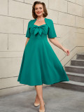 Plus Size Fashion Square-Neck Bow A-Line Slim Waist Party Dress