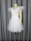 Wedding V-Neck Flying Sleeve Elegant Puffy Mesh Evening Bridesmaid Dress