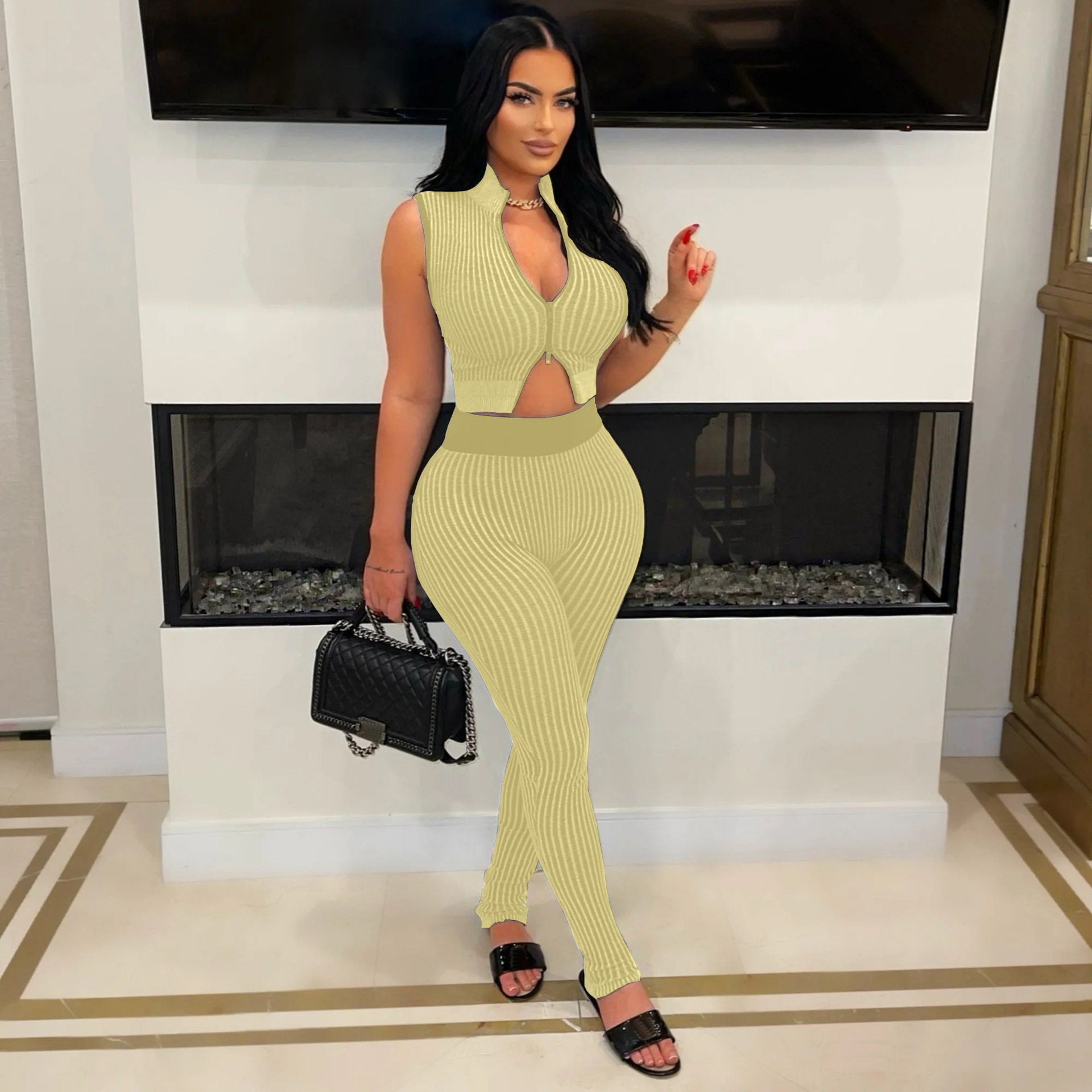 Women's Casual Sexy Knitting sleeveless Crop top High Waist Pants Two-piece Set