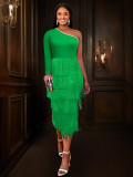 Sexy One-Shoulder Long-Sleeved High-Waist Slim Tassel Formal Party Evening Dress