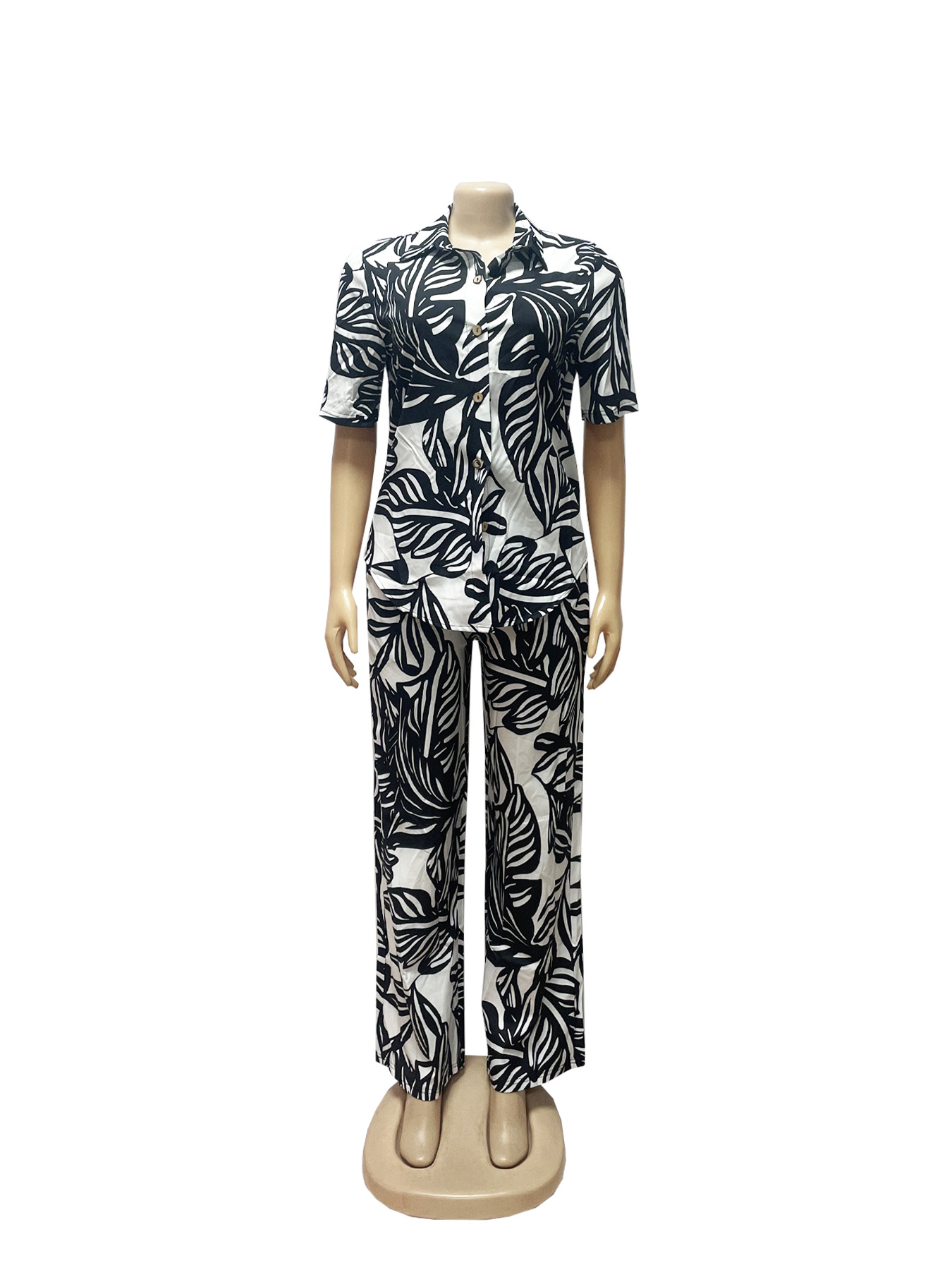 Women Summer Printed Turndown Collar Short Sleeve Top and Wide Leg Pants Two-piece Set