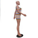 Casual Multi-Color Striped Knitting Sleeveless Two Piece Shorts Set