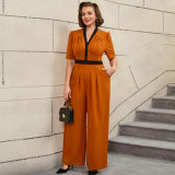 Plus Size V-Neck Pleated Color-Matching Slim Waist Elegant Wide-Leg Jumpsuit
