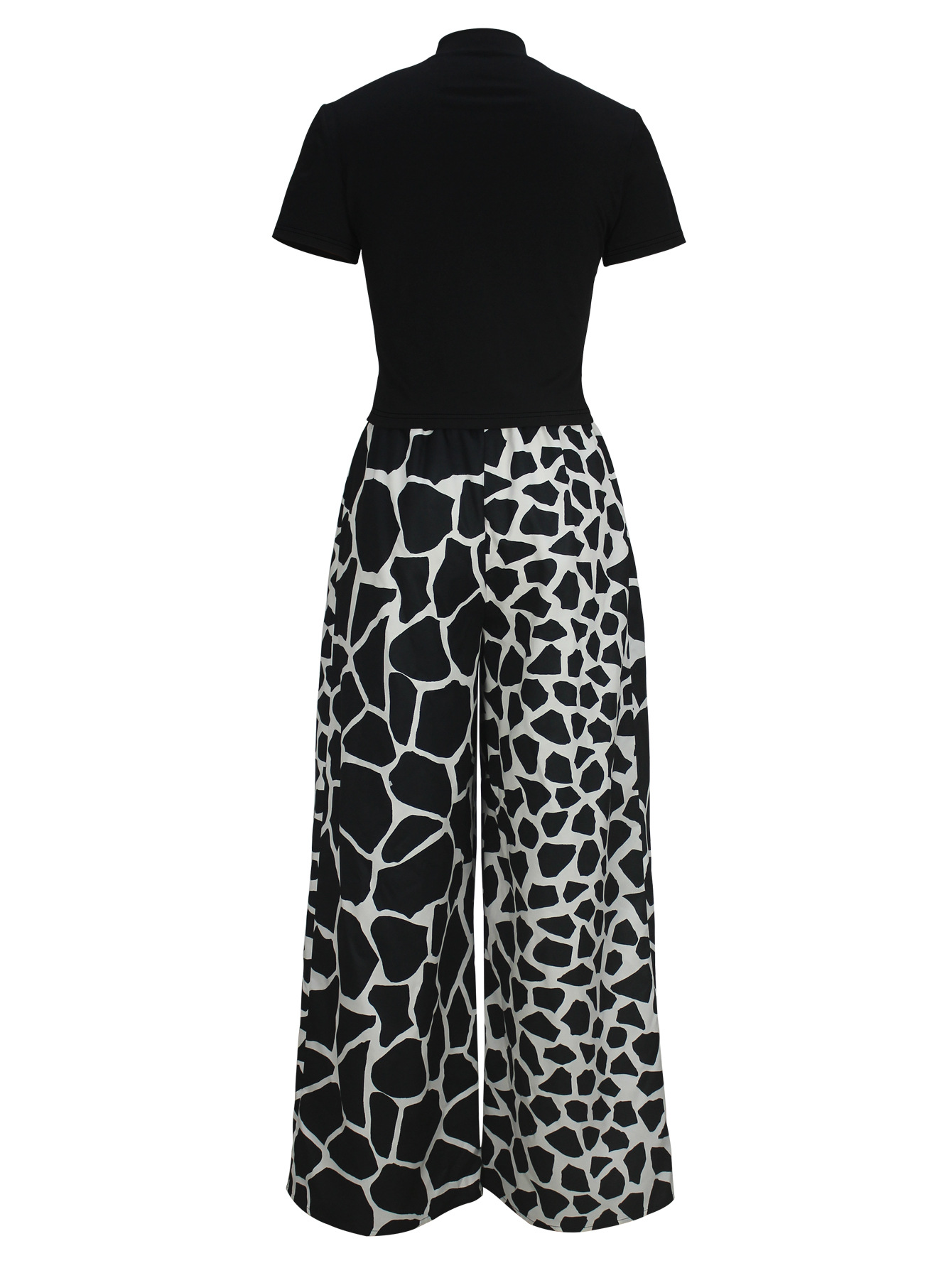 Women's Elegant Round-Neck Short-Sleeve High-Waist A-Line Trousers Casual Two Piece Set