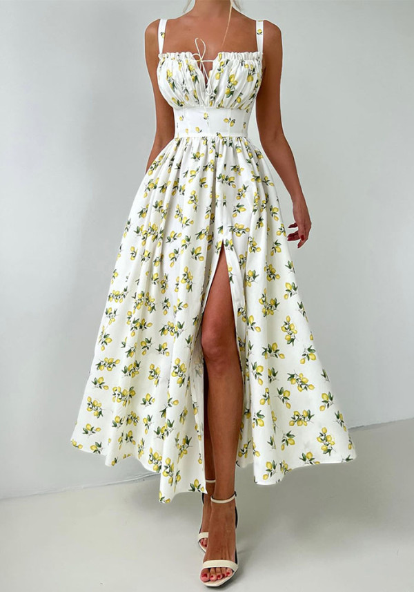 Women's Summer Printed Straps Slim Slit Long Dress