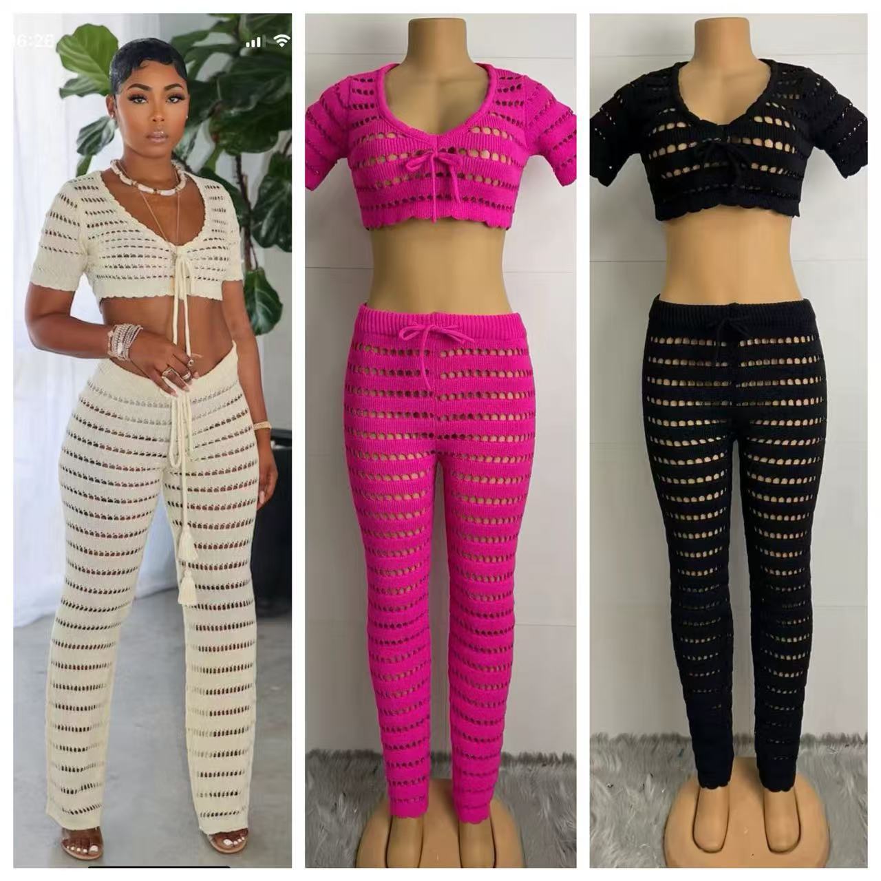 Women summer round neck casual sleeveless knitting top and pant two-piece set