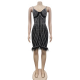 Women's Fashionable Sleeveless Beaded Feather Strap Club Dress