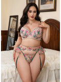 Plus Size Lingerie Sexy Embroidery Lace Patchwork Transparent Bikini Set