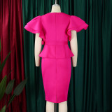 Women elegant ruffled solid bodycon formal party dress