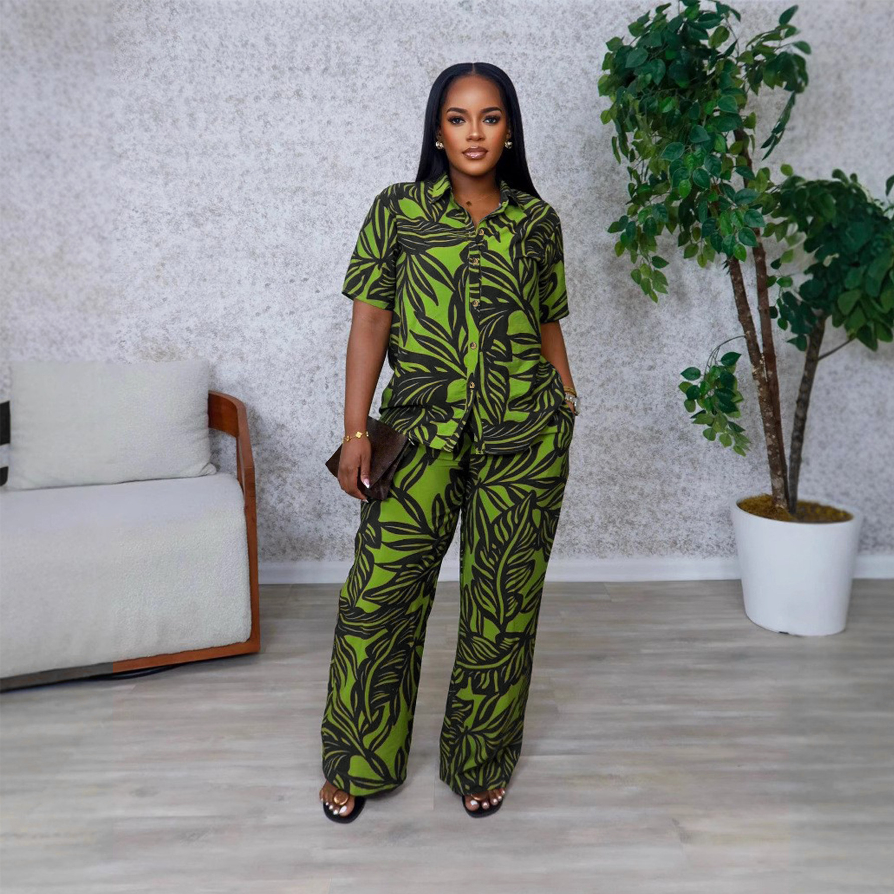 Women Summer Printed Turndown Collar Short Sleeve Top and Wide Leg Pants Two-piece Set