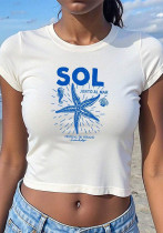 Women's Summer White Round-Neck Letter Print Slim T-Shirt Women's Summer White Round-Neck Letter Print Slim T-Shirt