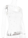 Women White Crystal Beaded Suspender Tank Top