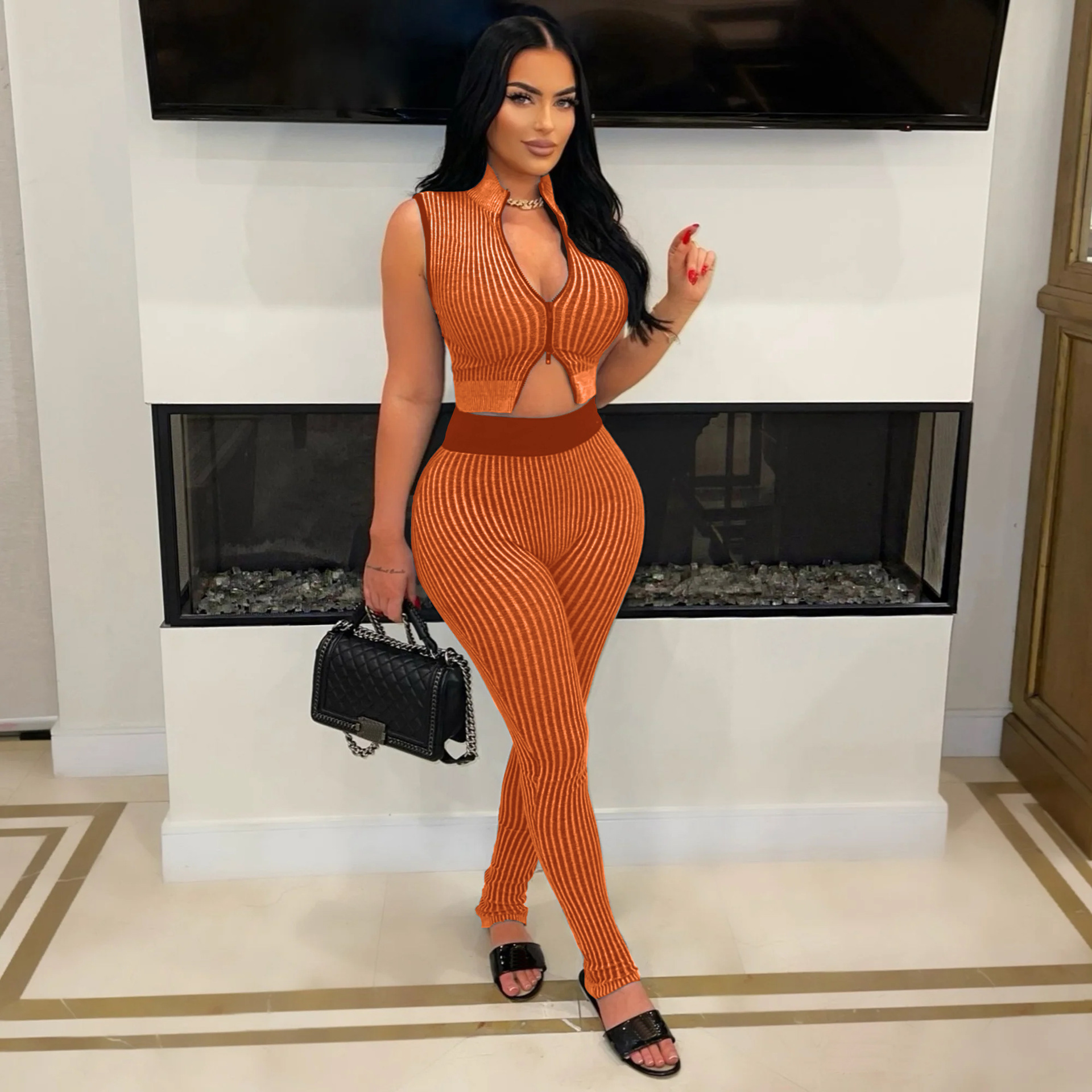 Women's Casual Sexy Knitting sleeveless Crop top High Waist Pants Two-piece Set