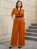 Plus Size V-Neck Pleated Color-Matching Slim Waist Elegant Wide-Leg Jumpsuit