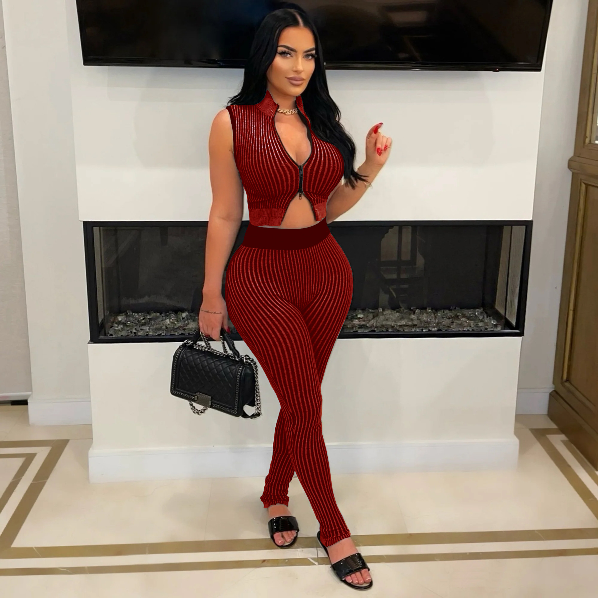 Women's Casual Sexy Knitting sleeveless Crop top High Waist Pants Two-piece Set