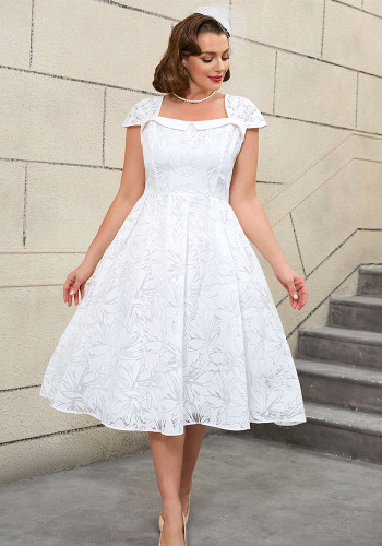Plus Size Wedding Jacquard White Square-Neck High-Waist A-Line Elegant Wedding Dress