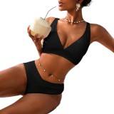 Women's Sexy Solid-Color Deep V Ribbed Two-Piece Bikini Swimsuit
