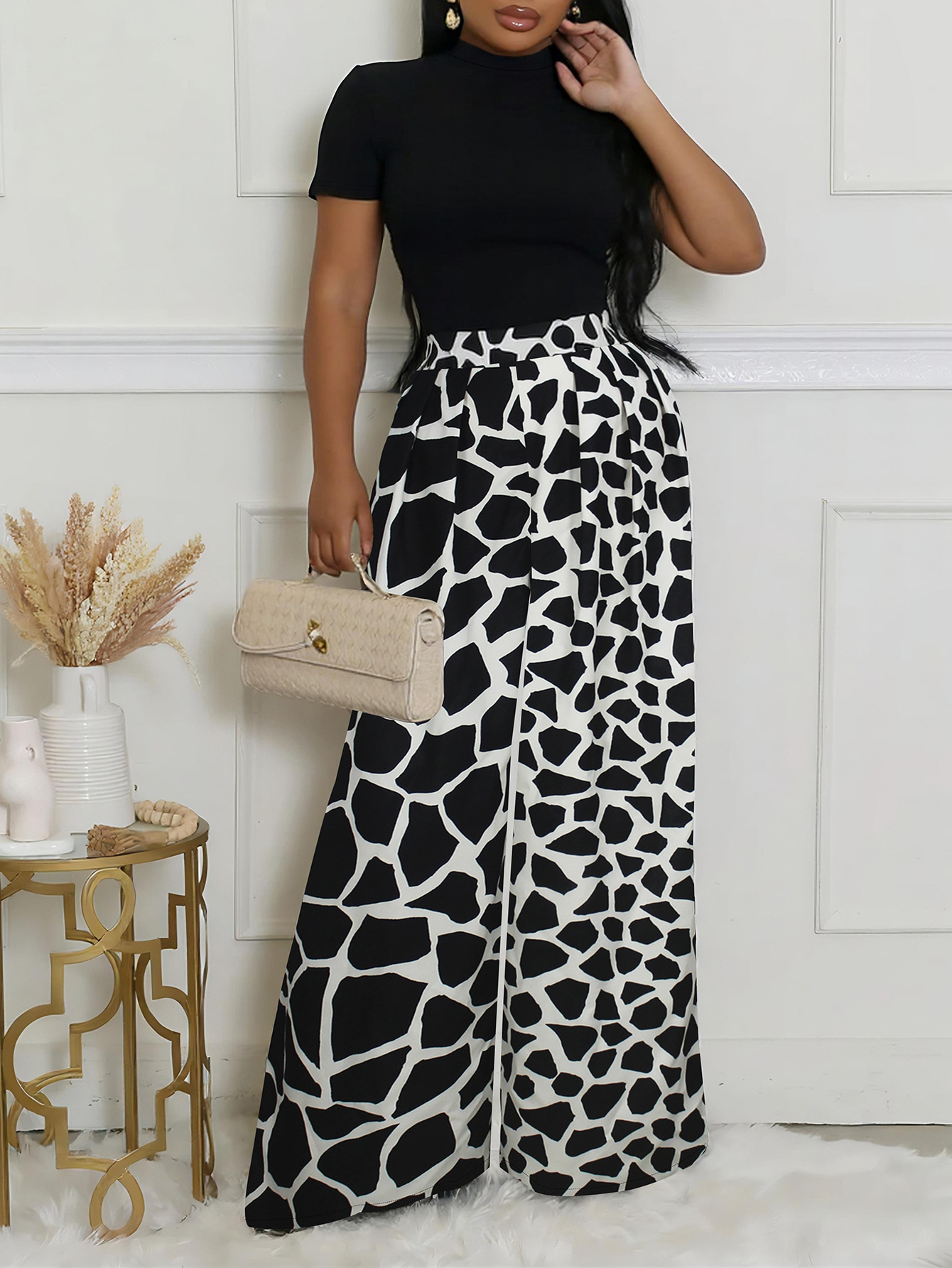 Women's Elegant Round-Neck Short-Sleeve High-Waist A-Line Trousers Casual Two Piece Set