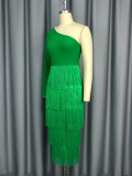 Sexy One-Shoulder Long-Sleeved High-Waist Slim Tassel Formal Party Evening Dress
