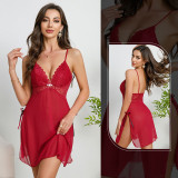 Women lace strap pearl see-through slit nightdress