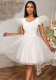 Wedding V-Neck Flying Sleeve Elegant Puffy Mesh Evening Bridesmaid Dress