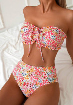 Women's Sexy Floral Lace-up High-Waist Strapless/Halter-Neck Two-Piece Bikini Swimsuit