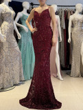 Women clothing V Neck sequins beaded hollow mesh off-shoulder Formal Party evening dress