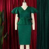 Women elegant ruffled solid bodycon formal party dress