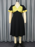 Plus Size Contrast Color Patchwork Ruffle-Sleeve A-Line Black Dress