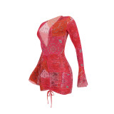 Women Sexy Mesh Printed V Neck Dress