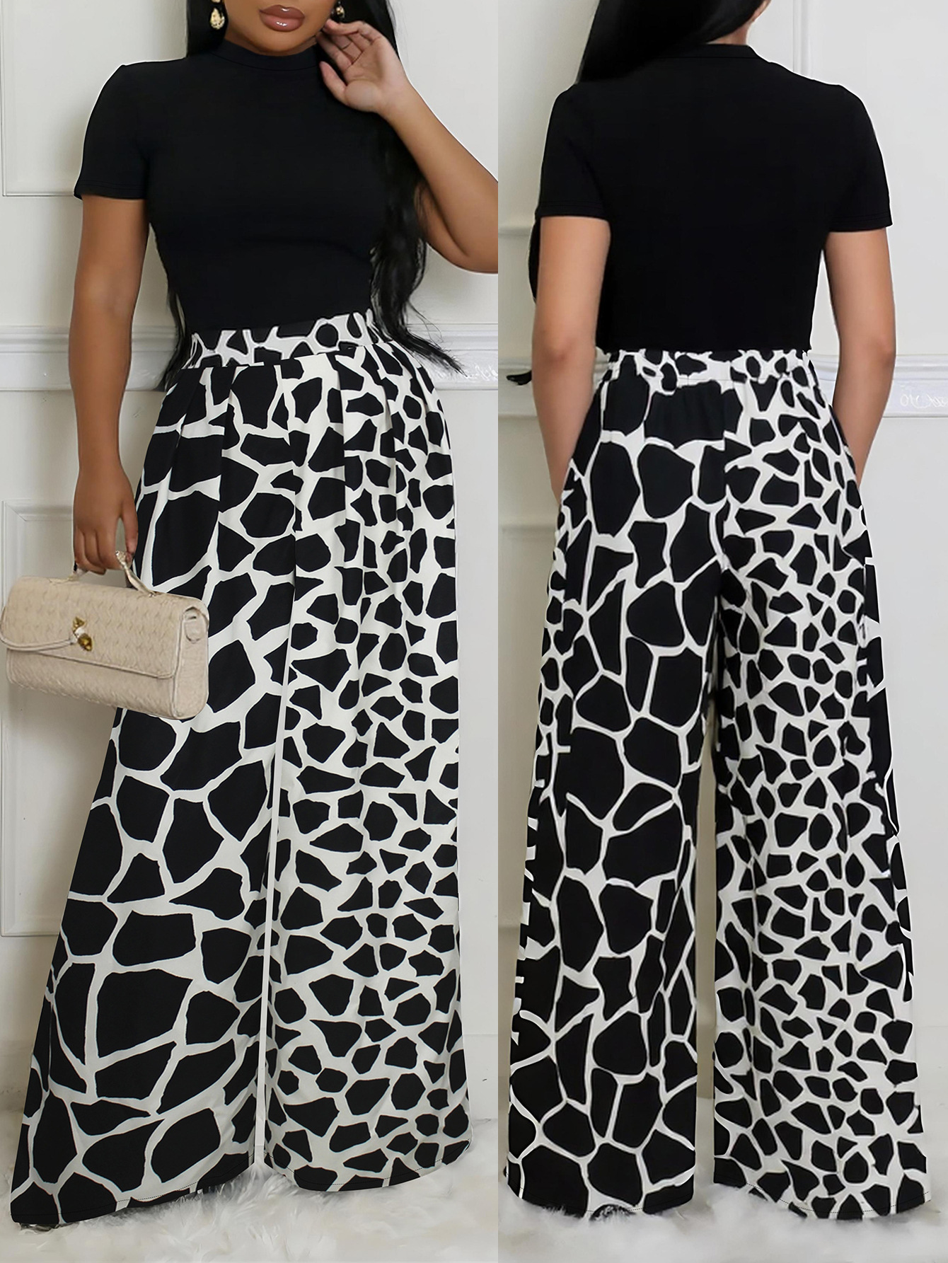 Women's Elegant Round-Neck Short-Sleeve High-Waist A-Line Trousers Casual Two Piece Set