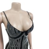Women's Fashionable Sleeveless Beaded Feather Strap Club Dress