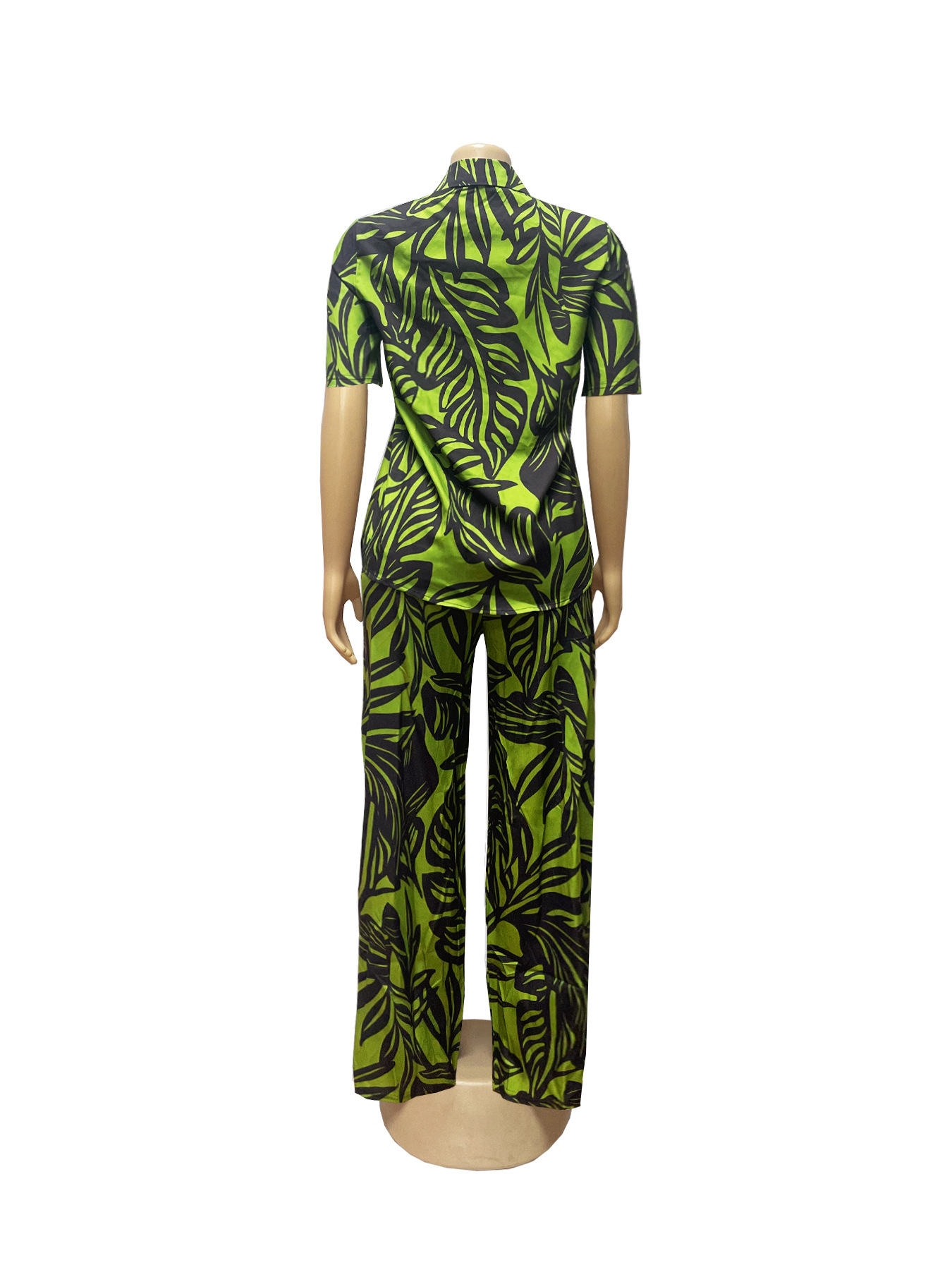 Women Summer Printed Turndown Collar Short Sleeve Top and Wide Leg Pants Two-piece Set