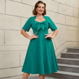 Plus Size Fashion Square-Neck Bow A-Line Slim Waist Party Dress
