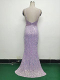 Women clothing V Neck sequins beaded hollow mesh off-shoulder Formal Party evening dress