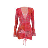 Women Sexy Mesh Printed V Neck Dress