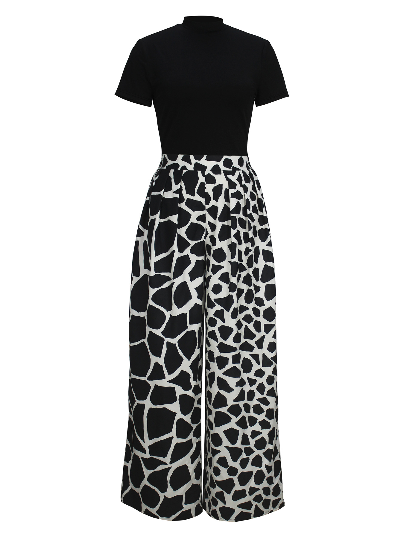 Women's Elegant Round-Neck Short-Sleeve High-Waist A-Line Trousers Casual Two Piece Set