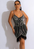 Women's Fashionable Sleeveless Beaded Feather Strap Club Dress