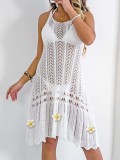 Women hollow hand-crocheted flower patchwork beach cover-up dress