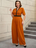 Plus Size V-Neck Pleated Color-Matching Slim Waist Elegant Wide-Leg Jumpsuit